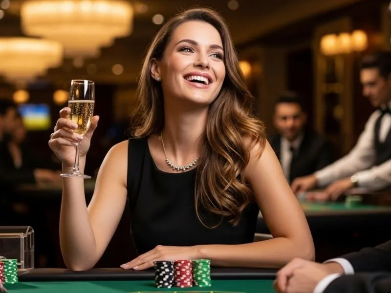 Woman happily playing table games at a casino, enjoying her winnings at Royce Hotel and Casino Owner.