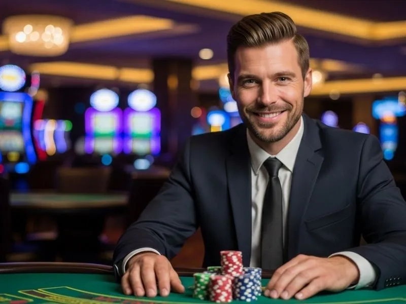 Man smiling while playing casino games with chips on the table at Royce Hotel and Casino Owner