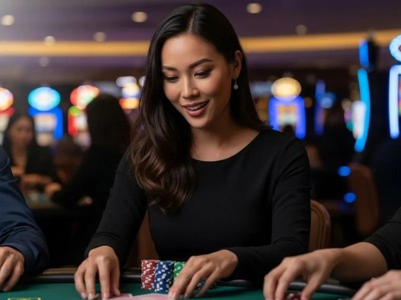 Smiling woman enjoying casino games at a table, playing at Royce Hotel and Casino Owner.