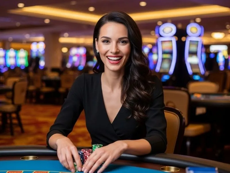 Woman happily playing card games at a casino table, enjoying her time at Royce Hotel and Casino Owner.