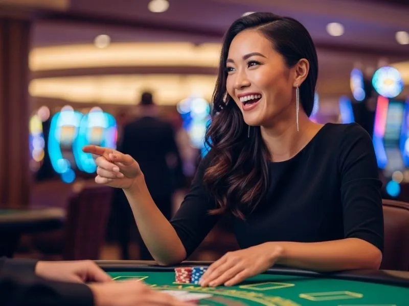 Happy woman enjoying poker at a casino table while imagining playing on the s5 casino app.