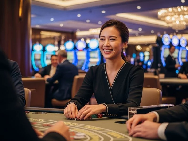 Woman smiling brightly while playing poker at San Lazaro Leisure Park and Casino