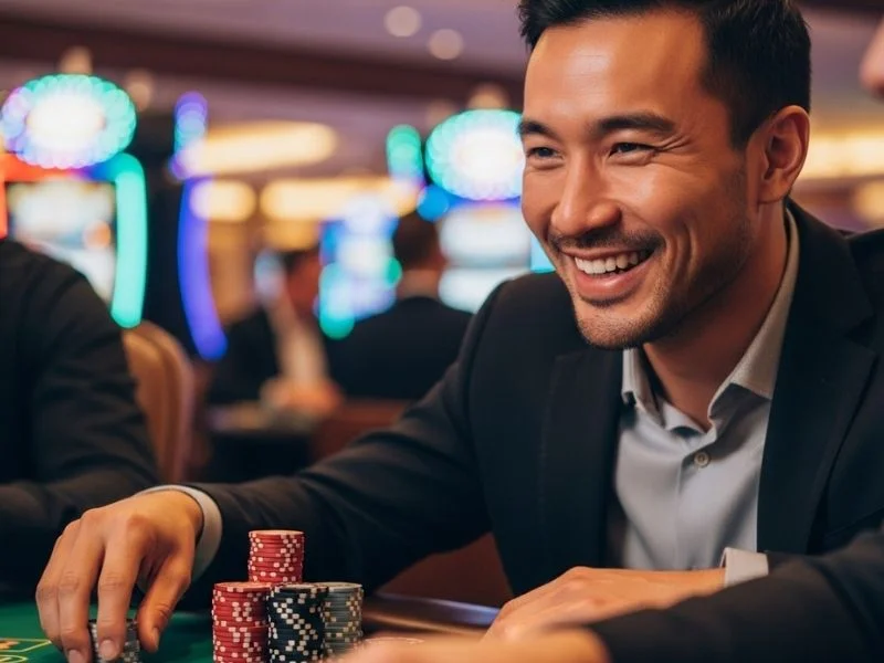 Man smiling as he places a poker bet at San Lazaro Leisure Park and Casino