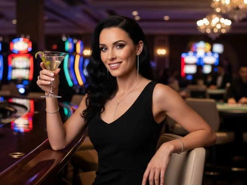 Smiling woman enjoying games at San Lazaro Leisure Park and Casino bar counter