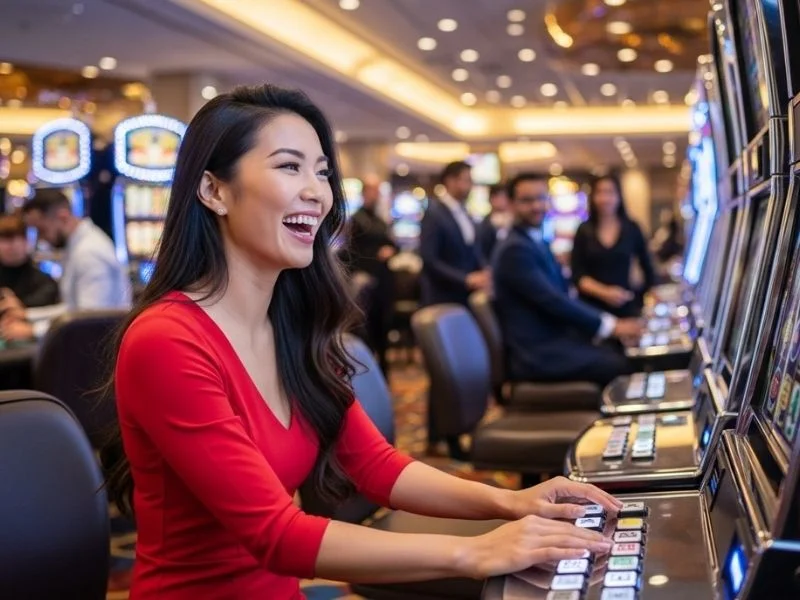 Woman happily playing slot machines with a bright smile at San Lazaro Leisure Park and Casino