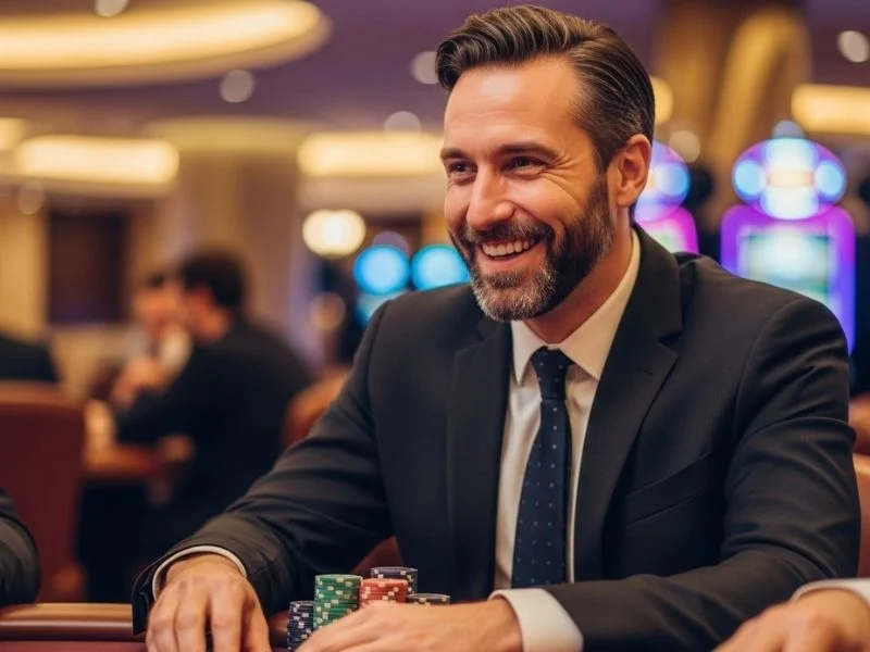 Man smiling with casino chips inside Silver Legacy Casino
