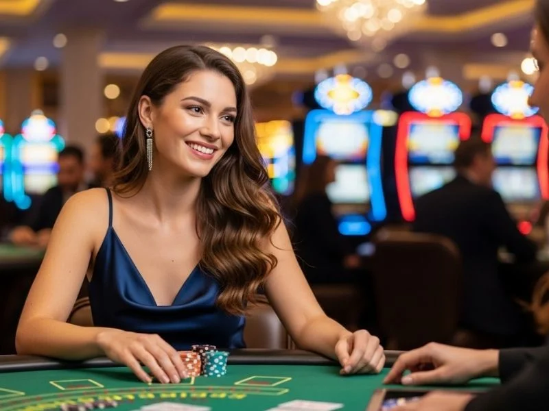 Woman enjoying a night at Silver Legacy Casino with casino chips and a joyful smile