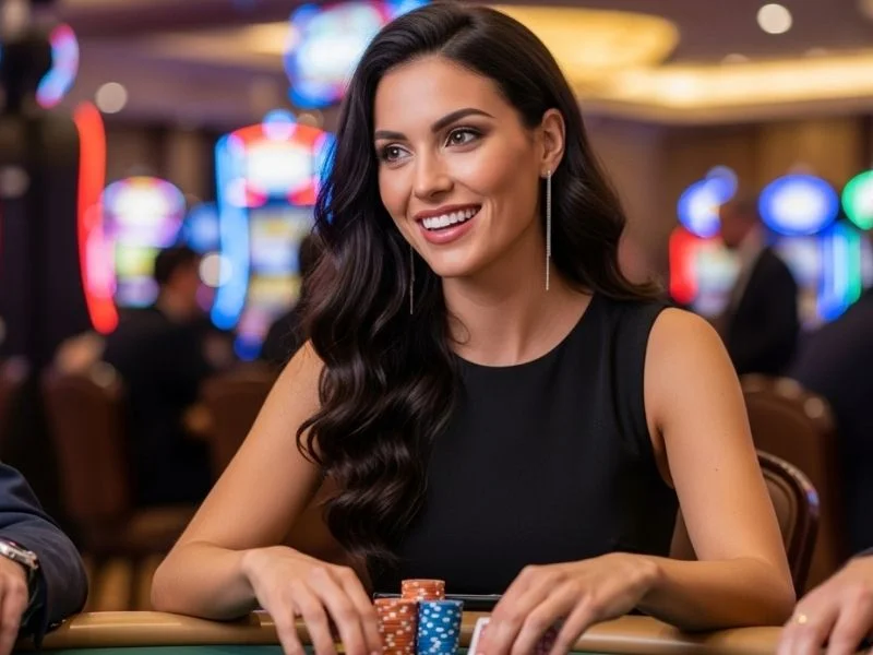 Woman smiling happily while playing at Silver Legacy Casino in a luxurious setting
