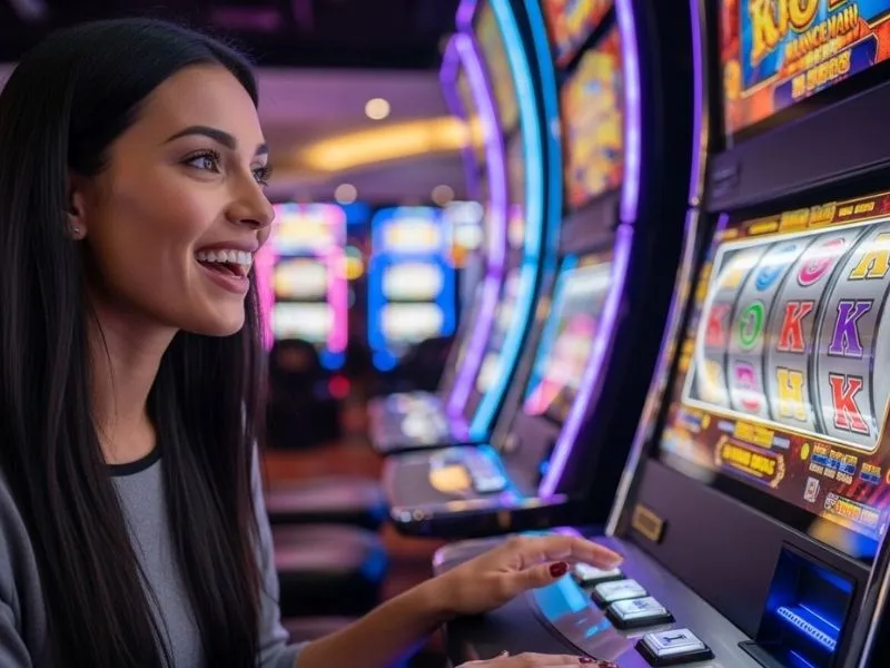 Happy woman playing slot machines at a casino, enjoying her winnings – Solaire Casino Dealer