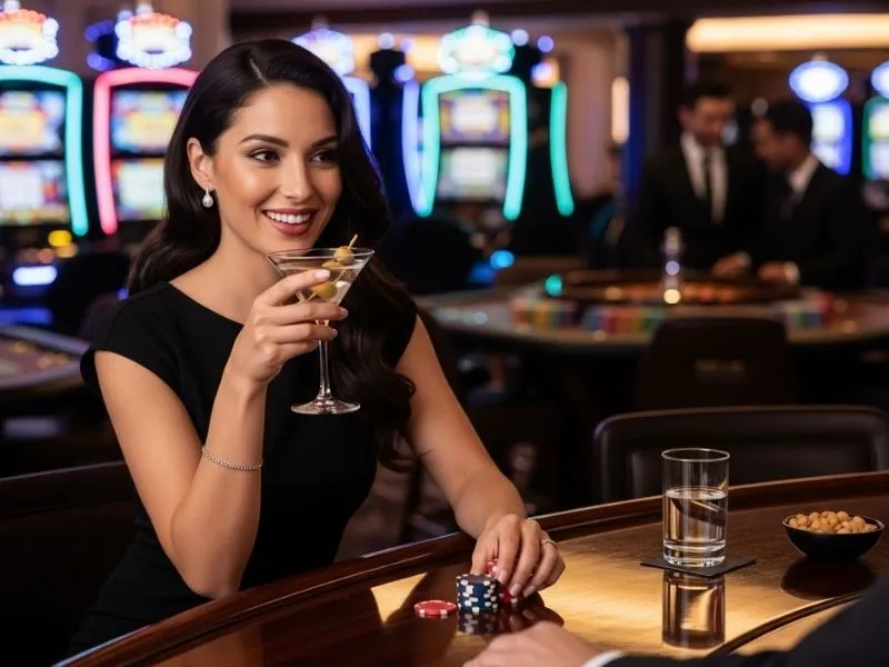 Woman smiling with chips and a drink at a casino bar, enjoying her time at Solaire Casino Dealer.