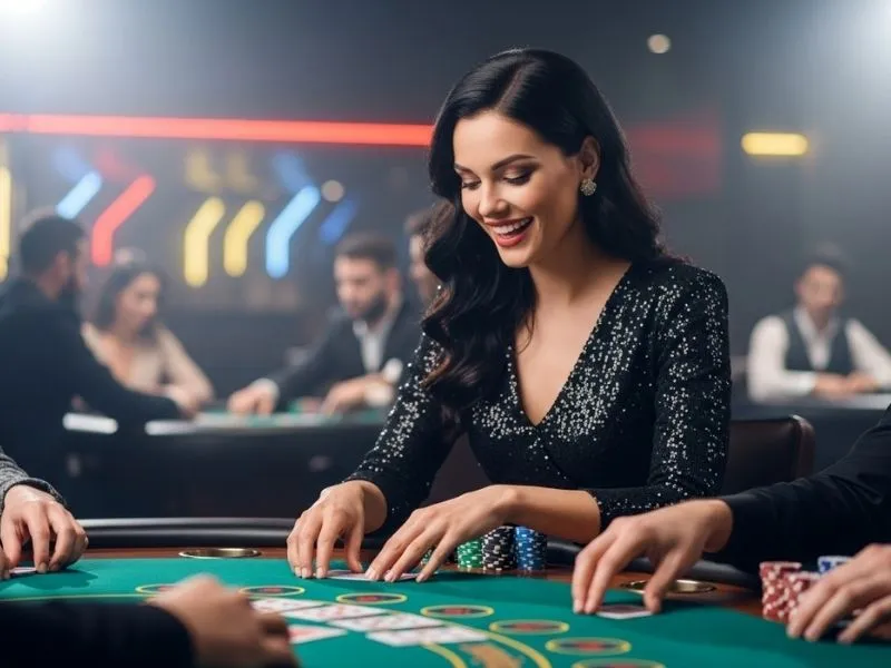 Smiling woman enjoying a lively poker night at a casino table with chips, showcasing a friendly Solaire Casino Dealer experience.