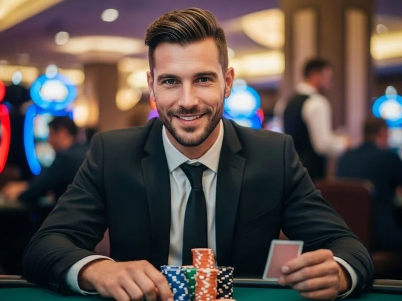Man smiling happily while playing table games at ssbet77 casino