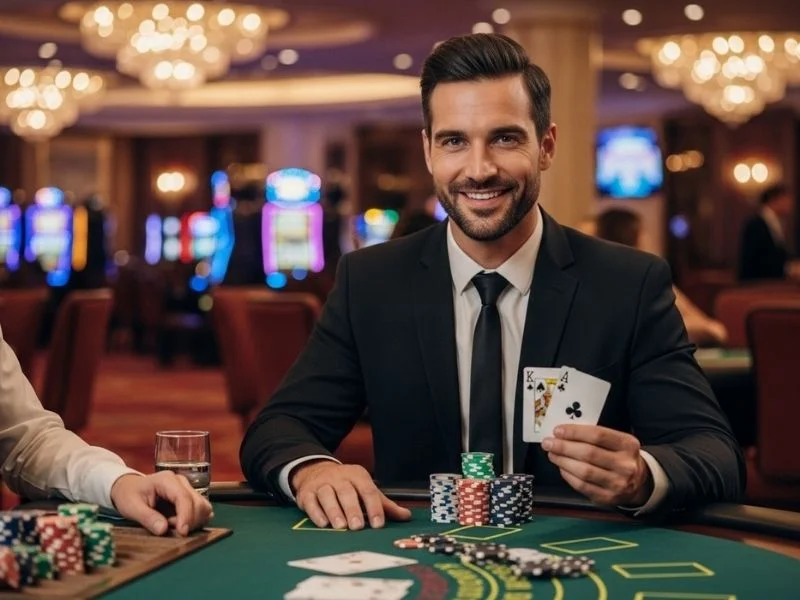 Man smiling with casino chips and cards in hand at SSBet77 casino