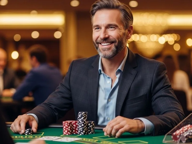 Old man happily playing poker in a casino at SSBet77 Casino