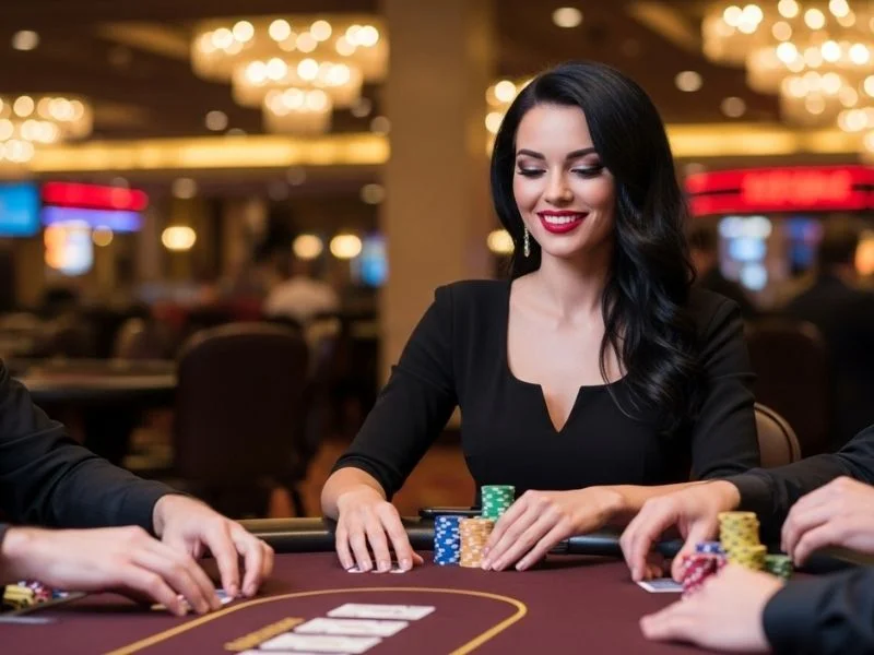 Woman smiling and playing poker with friends at SSBet77 Casino