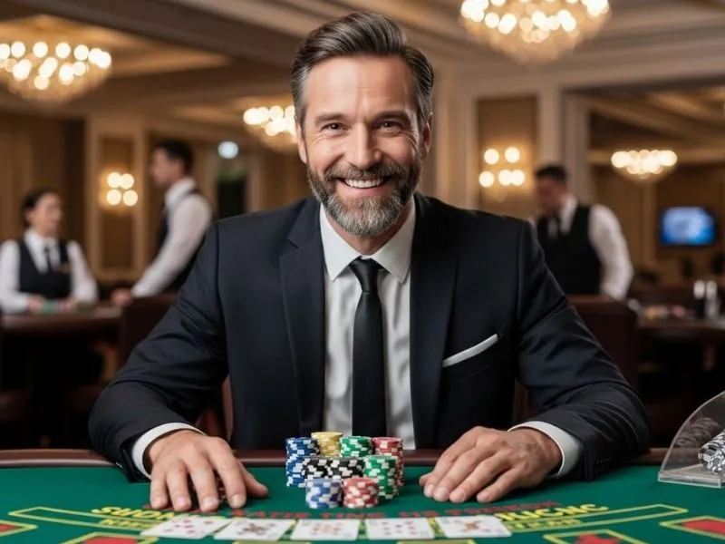 Smiling elderly man enjoying a poker night at a casino table, experiencing excitement and fun with SuperPH Casino Login.