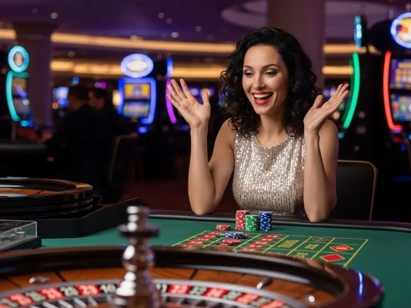 Smiling woman enjoying a roulette game at a physical casino, representing the excitement of SuperPH Casino Login.