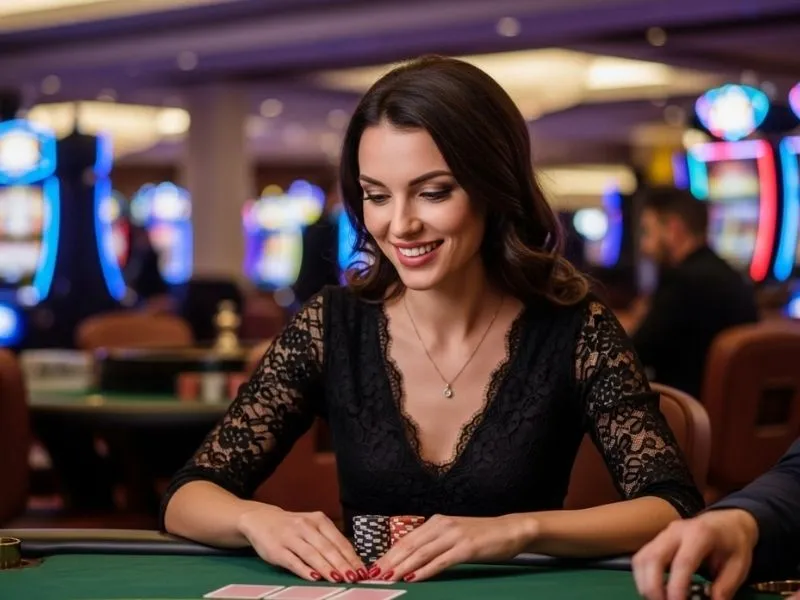 Woman happily playing cards at a casino table, enjoying her gaming experience – superph casino login.