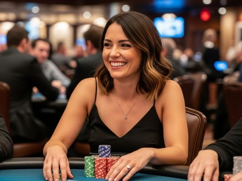 Woman smiling while placing chips on a poker table at a casino, enjoying a gaming experience reminiscent of Swerte Gaming Casino.