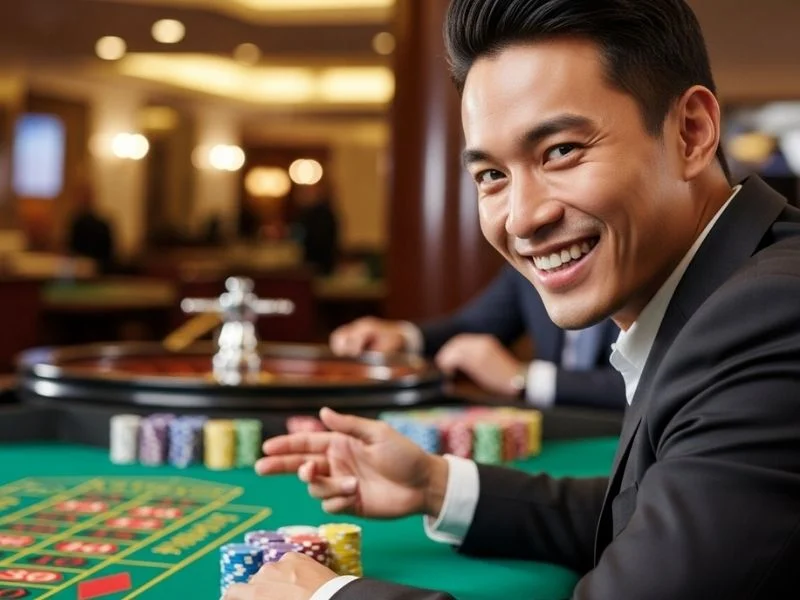 Smiling man enjoying roulette at a physical casino, representing the excitement of Swerte Gaming Casino.