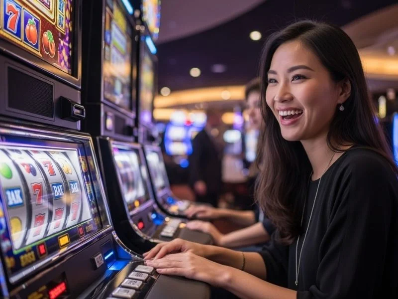 Smiling woman enjoying slot machines at a casino, experiencing the excitement of Swerte Gaming Casino.