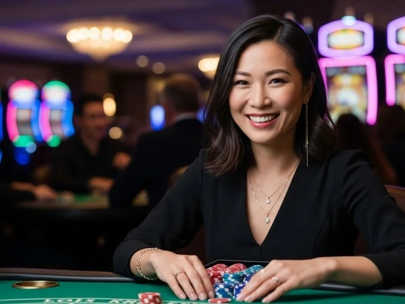 Smiling woman enjoying a casino game, representing a fun experience at Swerte Gaming Casino.