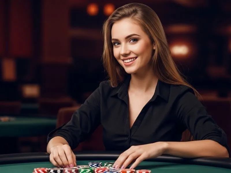 Woman smiling with her stack of chips at 5557bet casino, enjoying the lively casino atmosphere
