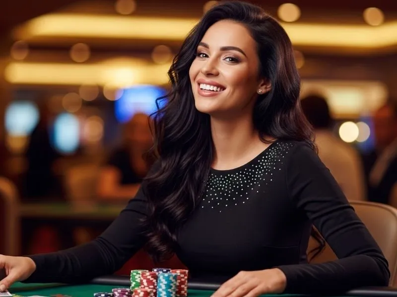 5jl casino link woman laughing while playing poker inside a luxury casino