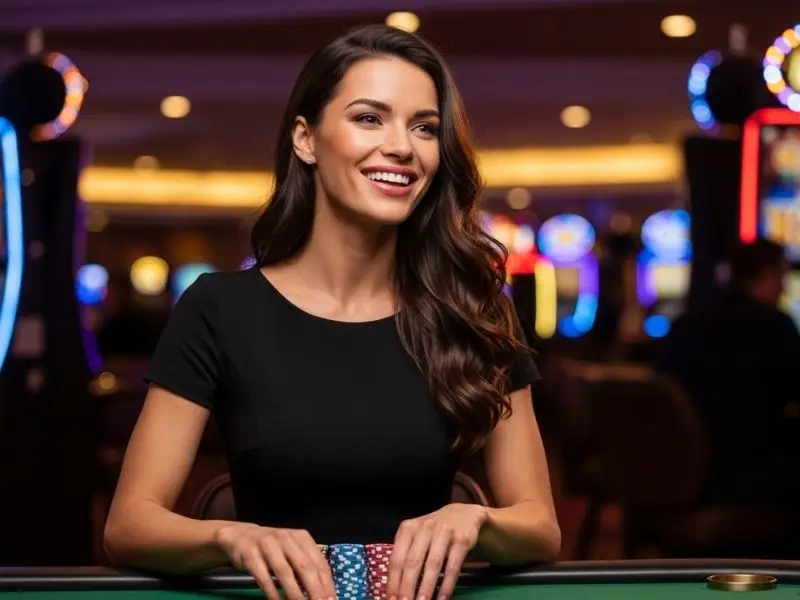 Happy woman celebrating with chips stacked in front of her at a casino, enjoying her winnings on 9s app casino.