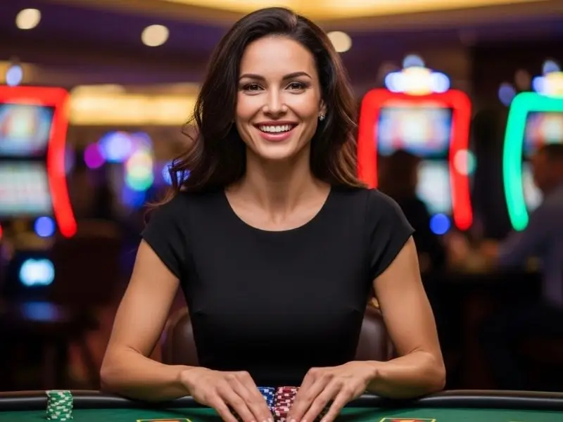 Smiling lady playing at a casino table with poker chips in front, enjoying 9s app casino experience