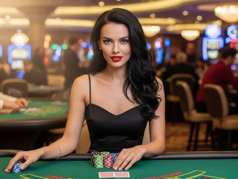 Alt casino lady happily placing a bet on a poker table inside a casino