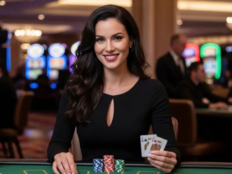 Happy woman holding poker chips and high cards inside a casino, showcasing a casino royale theme