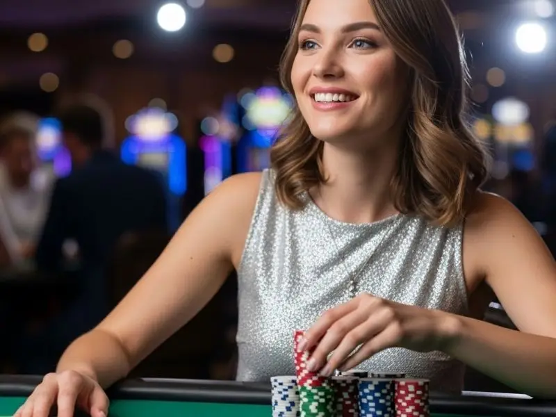 Smiling woman holding casino chips in a casino, enjoying a casino royale theme experience