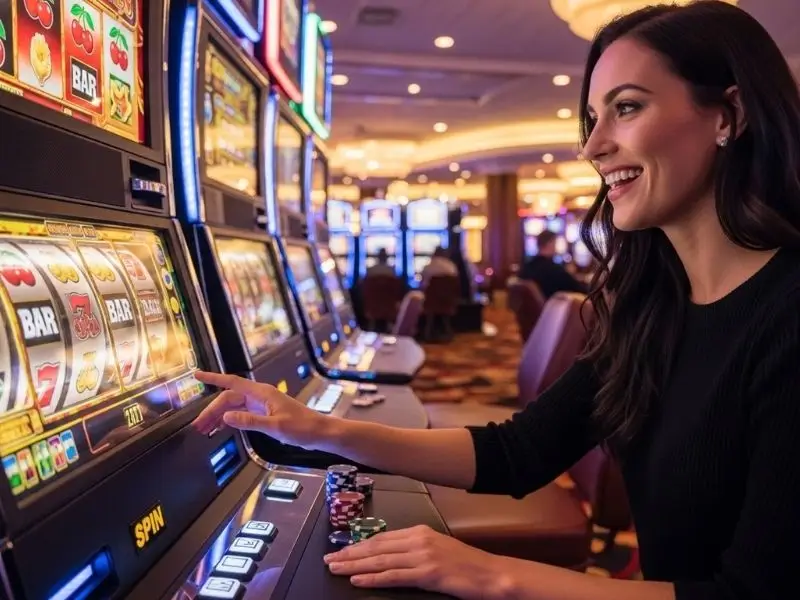 Lady enjoying a slot machine game inside a casino, playing on the CCZZ casino app