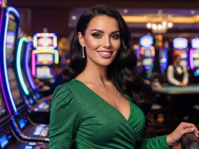 Woman enjoying the cczz casino app while posing near colorful slot machines inside a casino