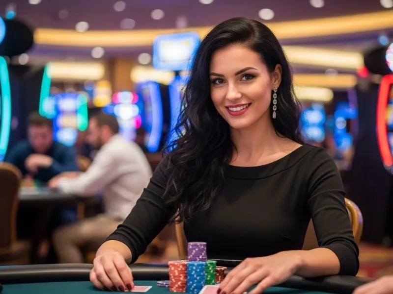 Woman happily playing poker games at a casino table, enjoying gbrosbet live gaming experience