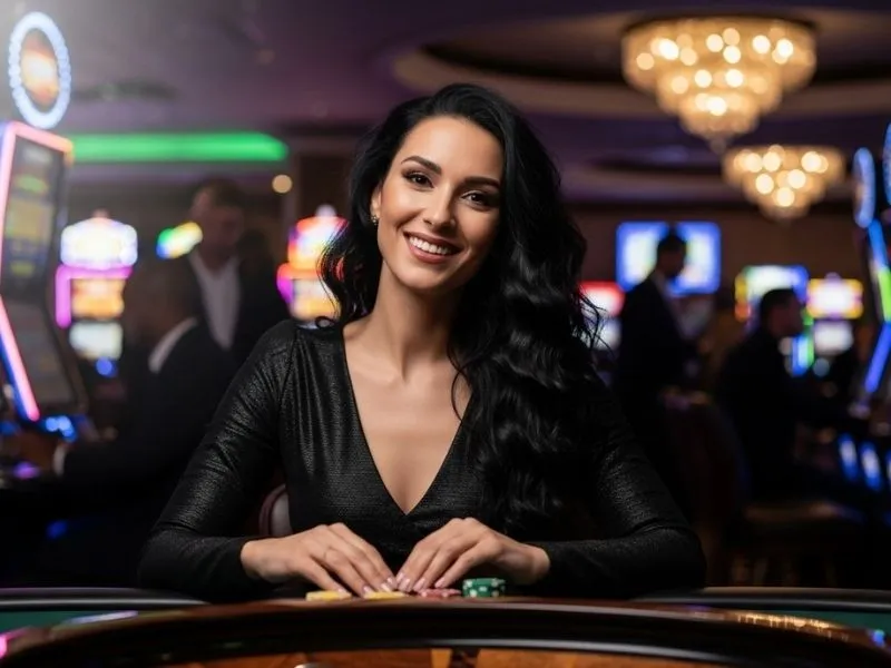 Gbrosbet live gaming woman smiling happily after roulette win inside a casino