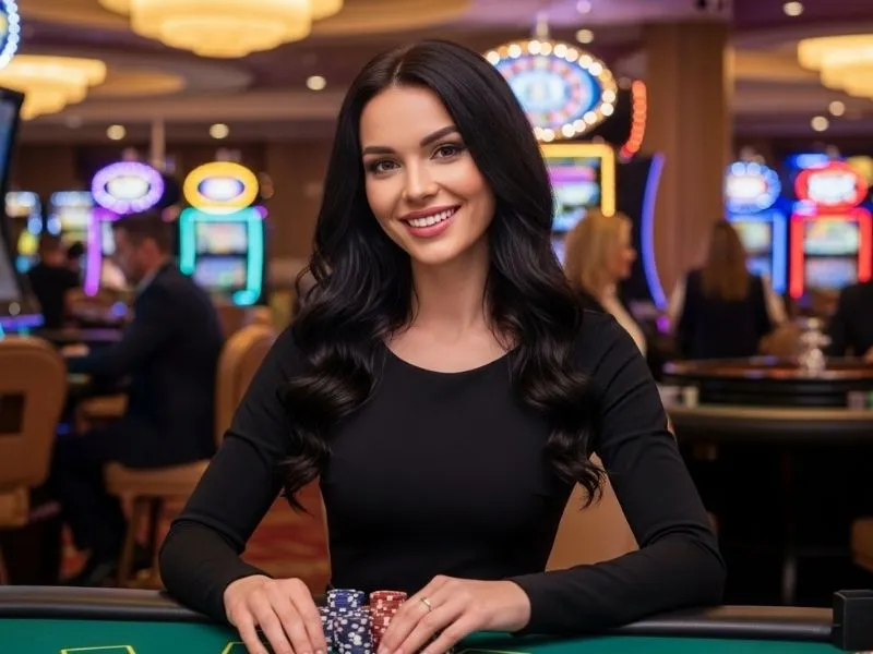 Smiling woman holding casino chips at a table in a gcash online casino