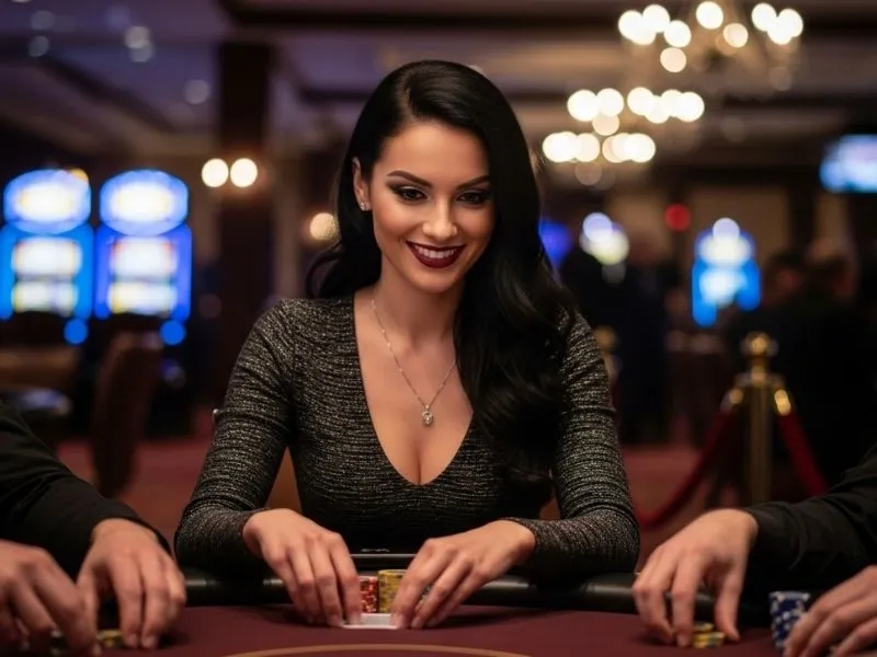 Woman happily playing poker at a casino table, enjoying a gcash online casino experience.