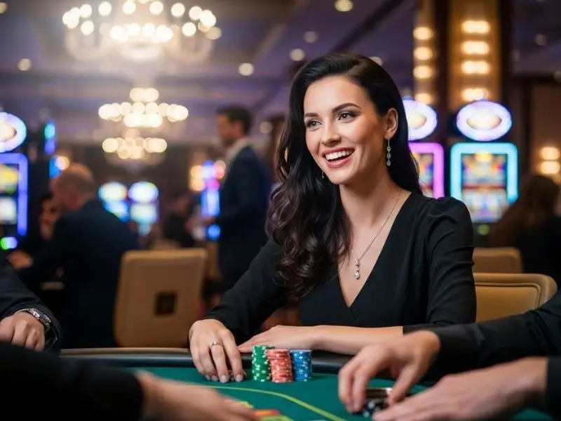 Happy woman playing a table game at JL77 Casino