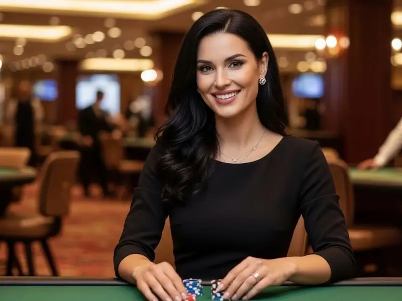 Smiling woman holding casino chips at a lively gaming table in jl77 casino