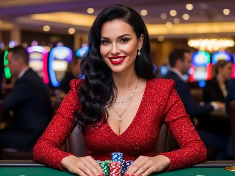 Smiling lady holding poker chips at a casino table inside a love casino