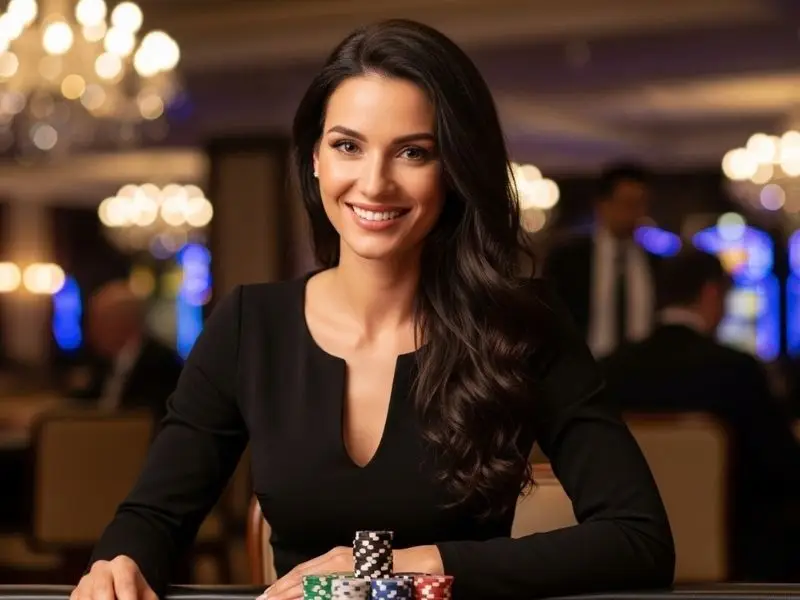 Happy woman celebrating a win with chips stacked in front of her at a casino playing nn777 online gaming