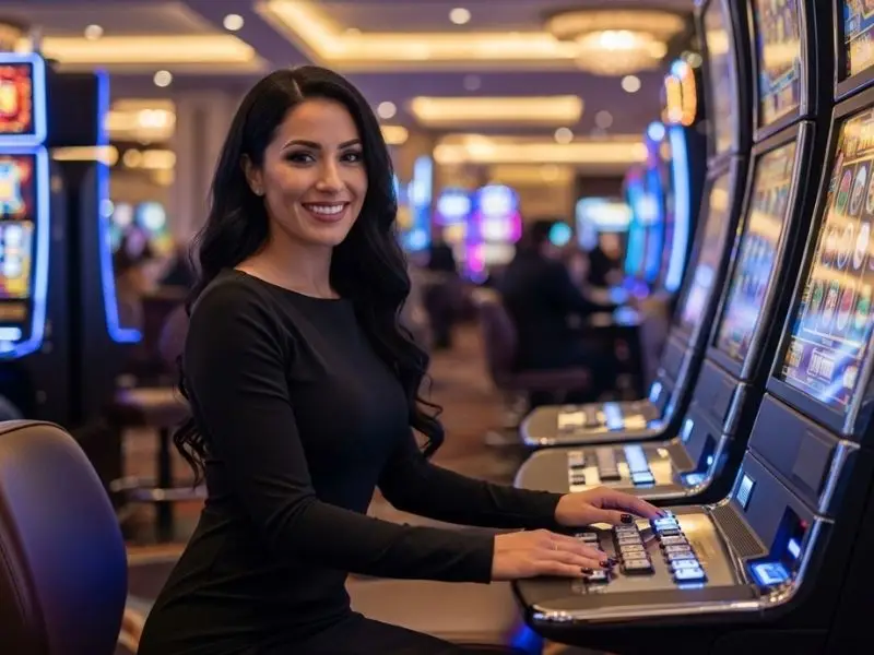 Woman enjoying a slot machine game at a casino, highlighting nn777 online gaming excitement