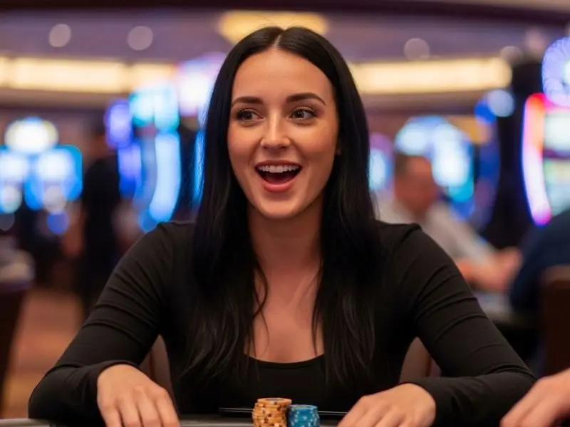 Happy woman ready to play poker games at PHCash Casino, enjoying the vibrant casino atmosphere