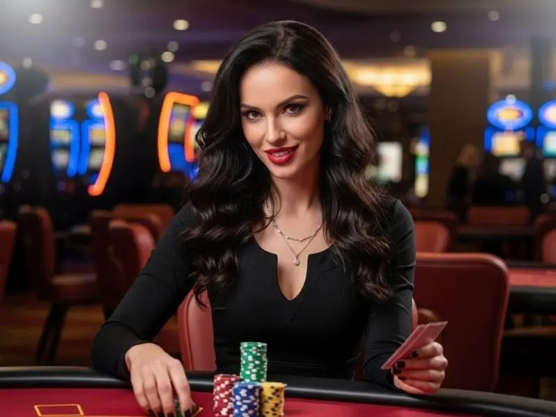 Smiling woman enjoying her winnings with poker chips at a PHCash Casino table