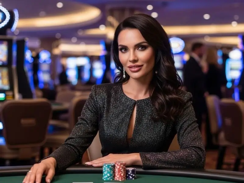 Fierce-looking woman playing poker at Sandia Casino Amphitheater, focused on her cards in a lively casino setting