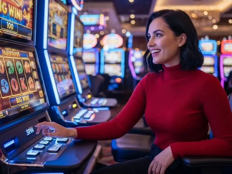 Lady happily pressing the button on a slot machine inside Sandia Casino Amphitheater