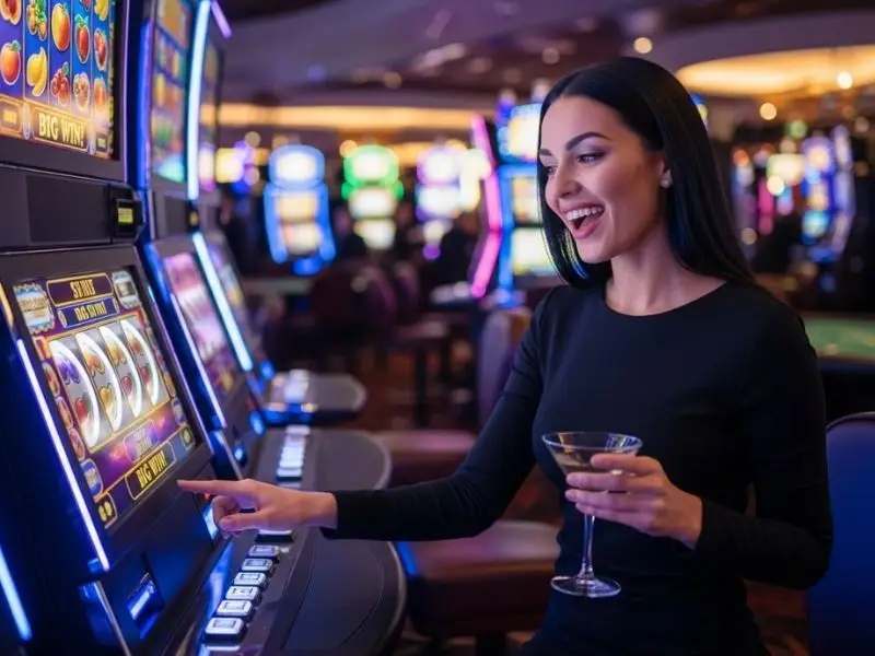 Smiling woman playing a slot machine inside Waterfront Casino Mactan