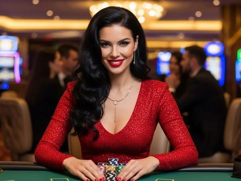 Smiling woman playing at a poker table inside Waterfront Casino Mactan with poker chips in front of her